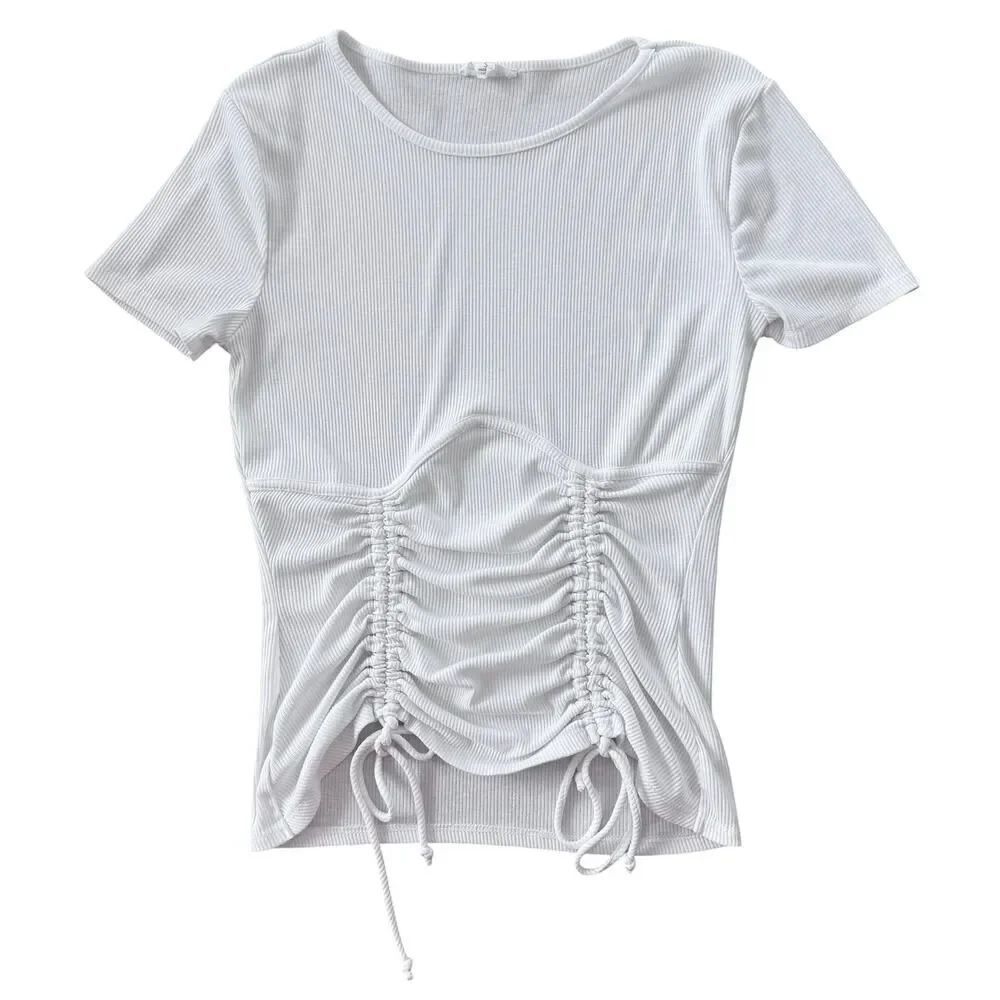 S.C. Society Top White Ribbed Ruched Tie Short Sleeve Womens S